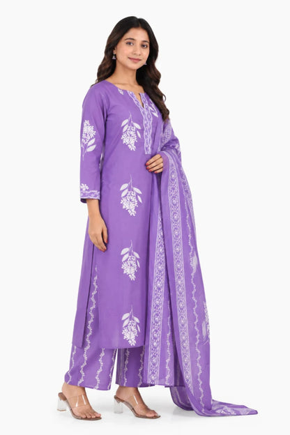 Lavender Floral Printed Cotton Kurta Palazzo Set with Dupatta