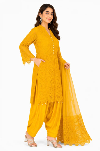 Women's Mustard Yellow Lace Kurta Set with Dupatta