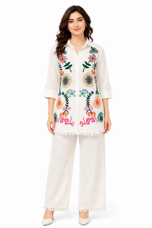 Women's White Embroidered Cotton Co-Ord Set
