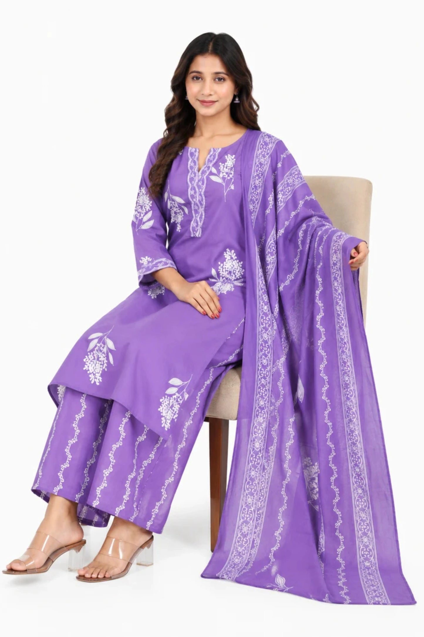 Lavender Floral Printed Cotton Kurta Palazzo Set with Dupatta
