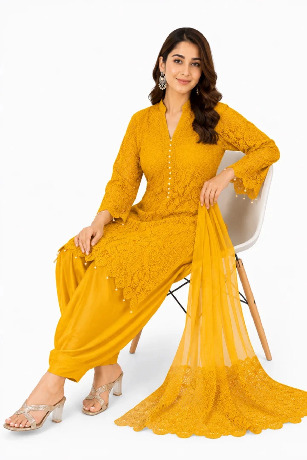 Women's Mustard Yellow Lace Kurta Set with Dupatta