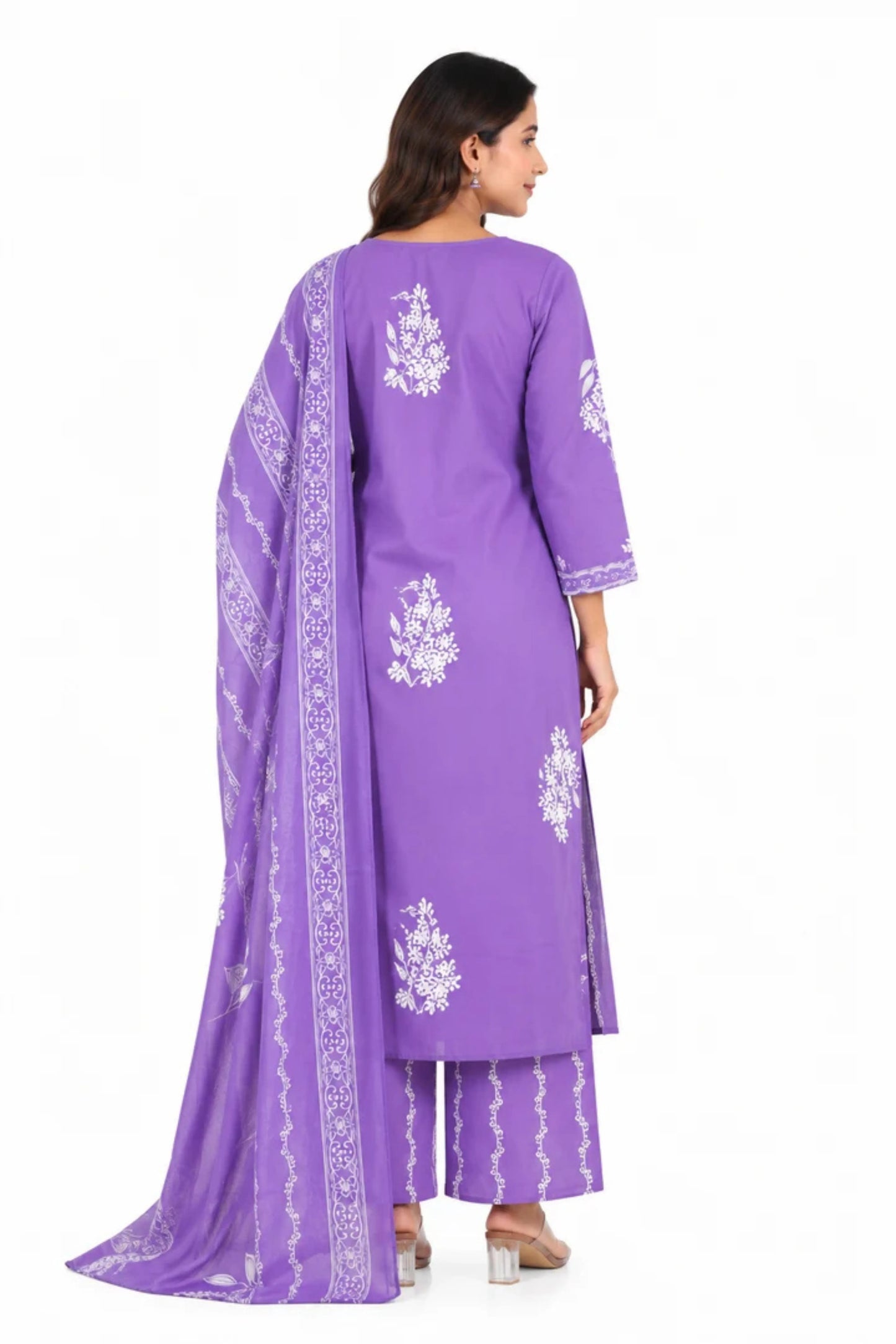 Lavender Floral Printed Cotton Kurta Palazzo Set with Dupatta