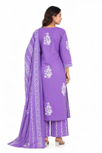 Lavender Floral Printed Cotton Kurta Palazzo Set with Dupatta