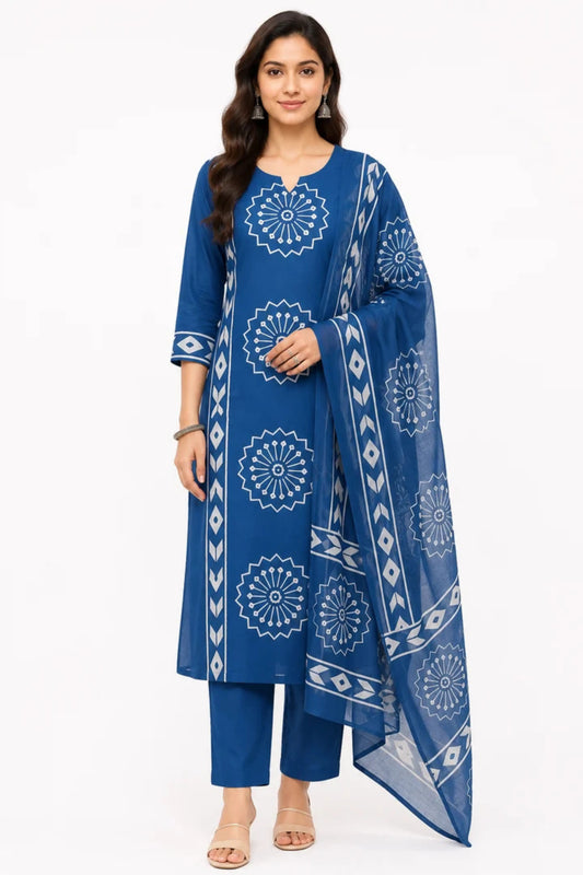 Women's Indigo Blue Printed Cotton Kurta Pant with Dupatta Set