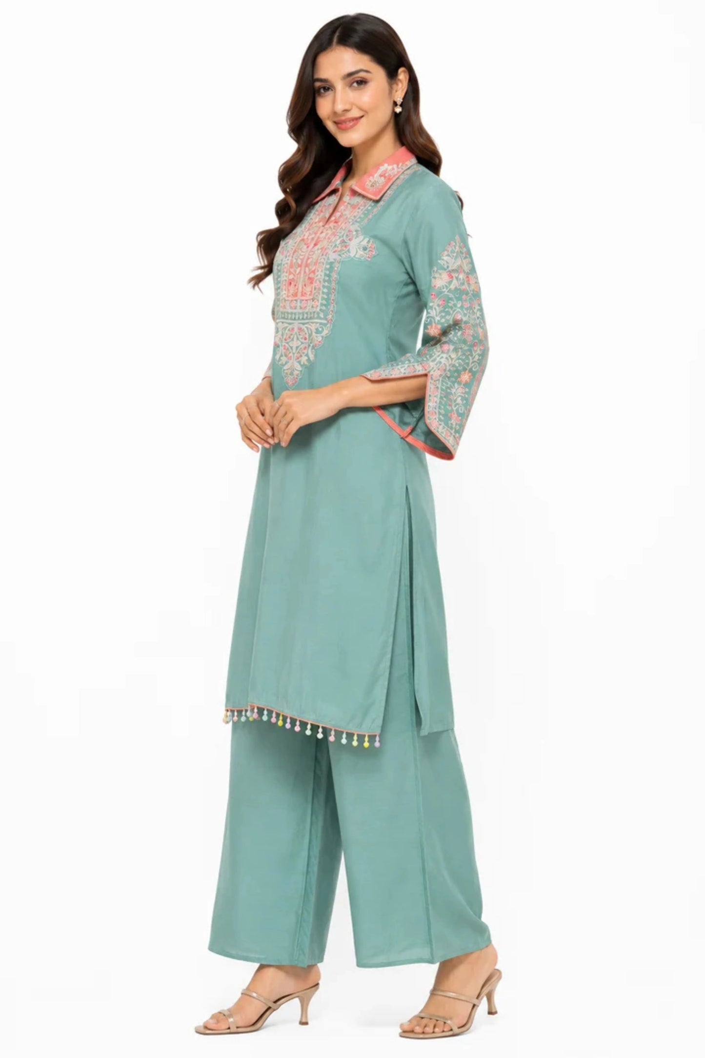 Women's Sea Green Embroidered Kurta Palazzo Set