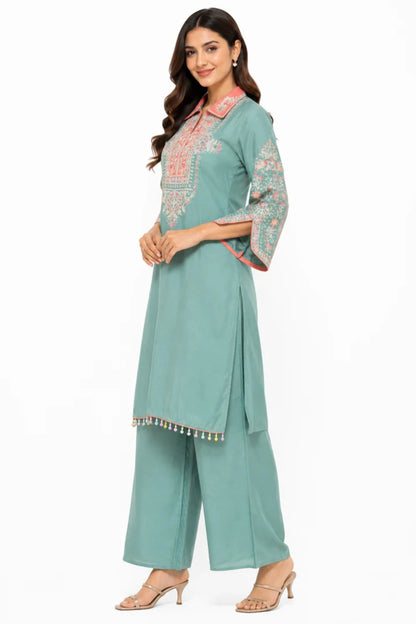 Women's Sea Green Embroidered Kurta Palazzo Set