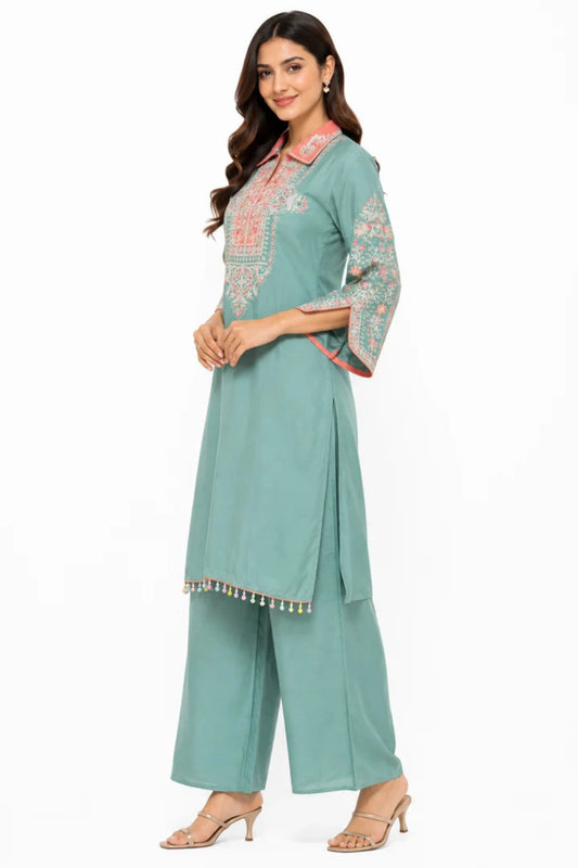 Women's Sea Green Embroidered Kurta Palazzo Set