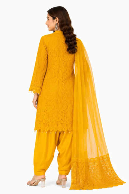 Women's Mustard Yellow Lace Kurta Set with Dupatta