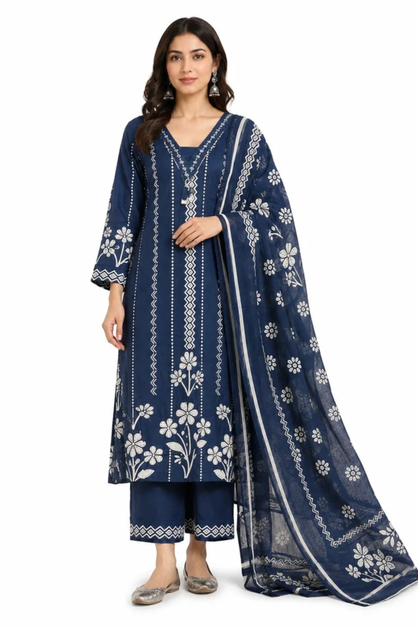 Navy Blue Floral Printed Cotton Kurta Set with Dupatta
