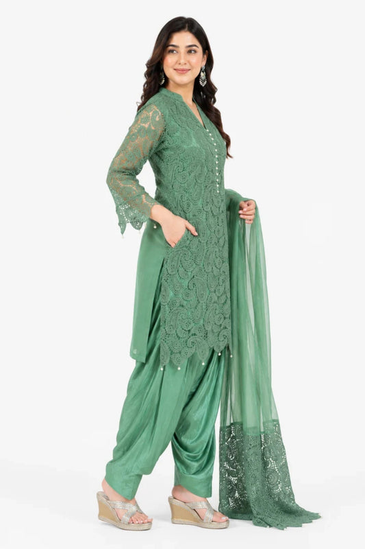 Women's Sage Green Embroidered Kurta Set with Patiala & Net Dupatta
