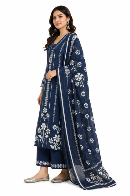 Navy Blue Floral Printed Cotton Kurta Set with Dupatta