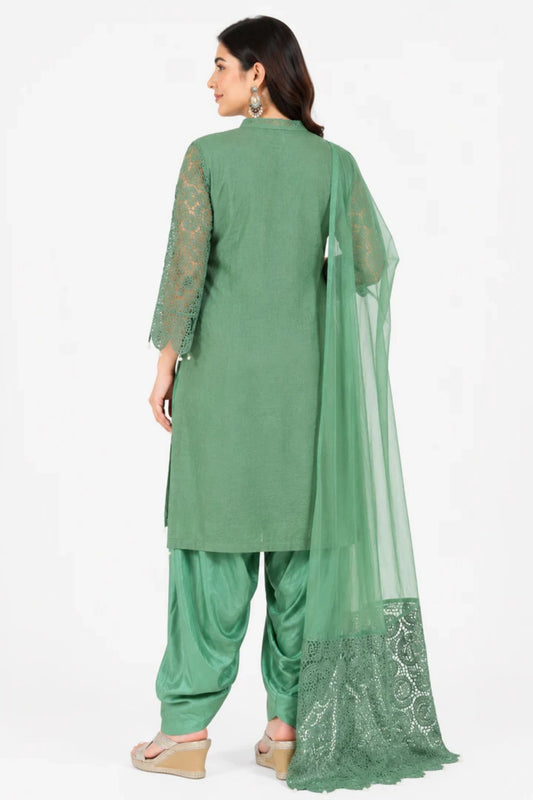 Women's Sage Green Embroidered Kurta Set with Patiala & Net Dupatta