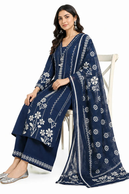 Navy Blue Floral Printed Cotton Kurta Set with Dupatta