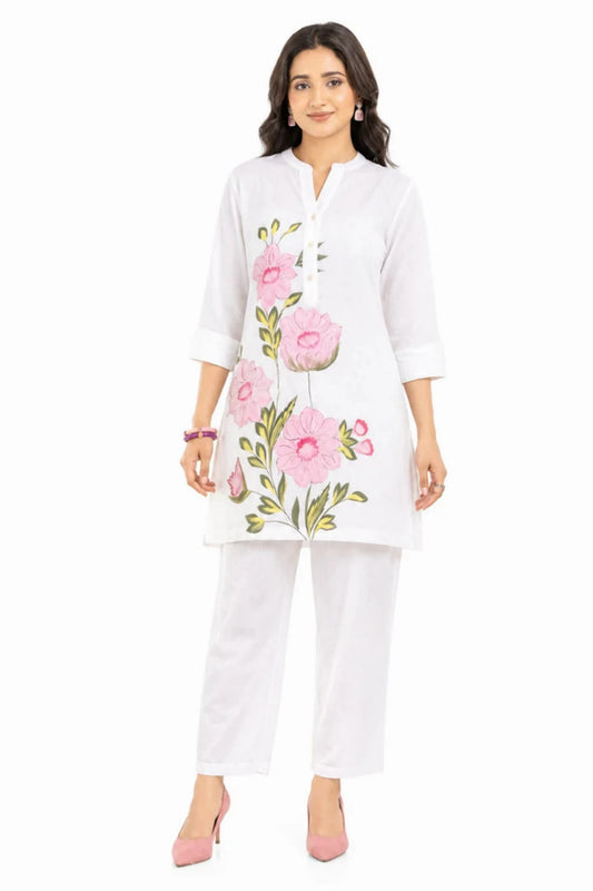 Women's White Cotton Slub Floral Printed Co-Ord Set with Straight Pants