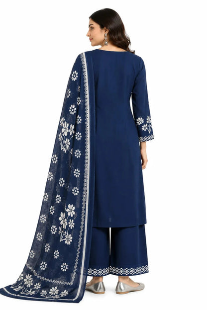 Navy Blue Floral Printed Cotton Kurta Set with Dupatta