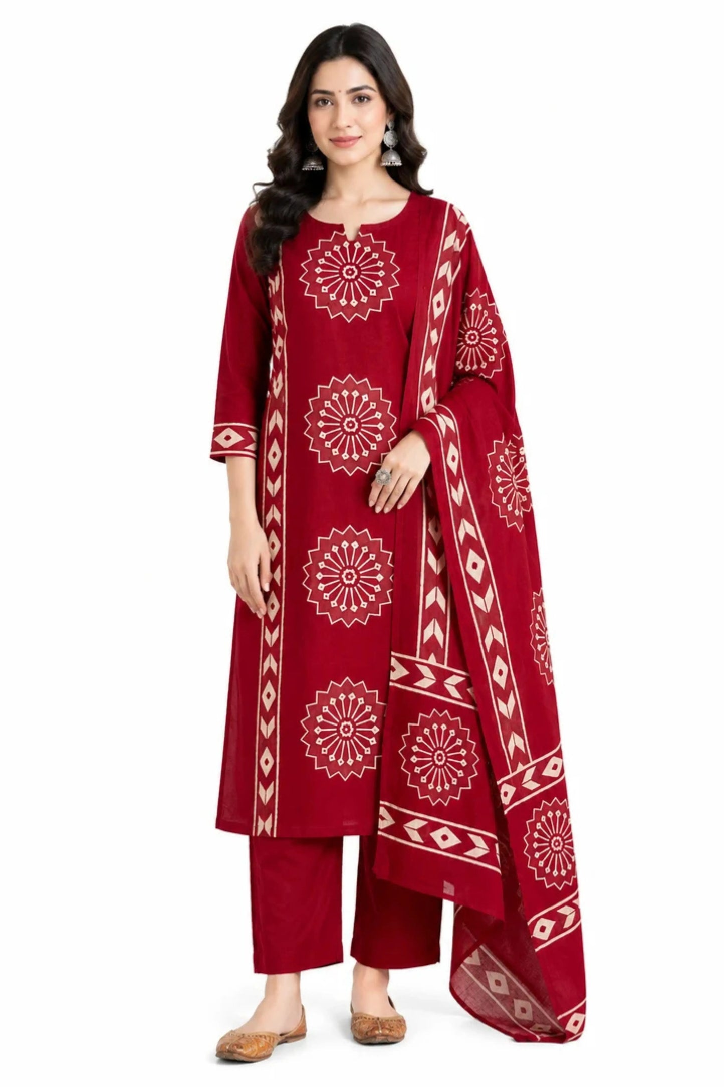 Maroon Printed Cotton Kurta Pant Set with Dupatta