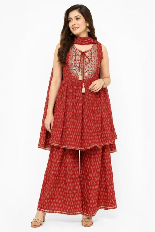 Women's Maroon Embroidered Peplum Kurta with Palazzo & Dupatta Set