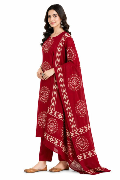 Maroon Printed Cotton Kurta Pant Set with Dupatta