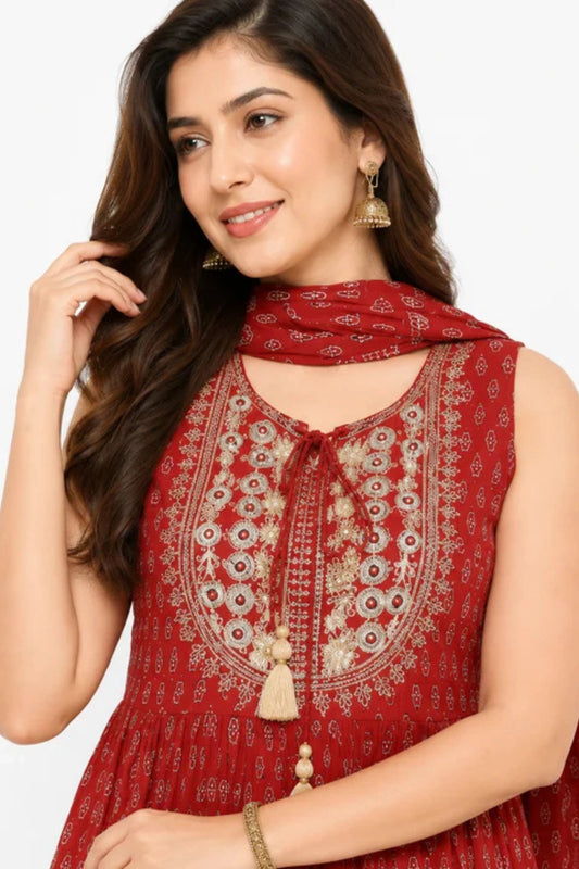 Women's Maroon Embroidered Peplum Kurta with Palazzo & Dupatta Set
