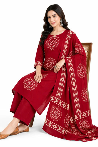 Maroon Printed Cotton Kurta Pant Set with Dupatta