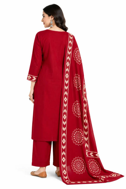Maroon Printed Cotton Kurta Pant Set with Dupatta