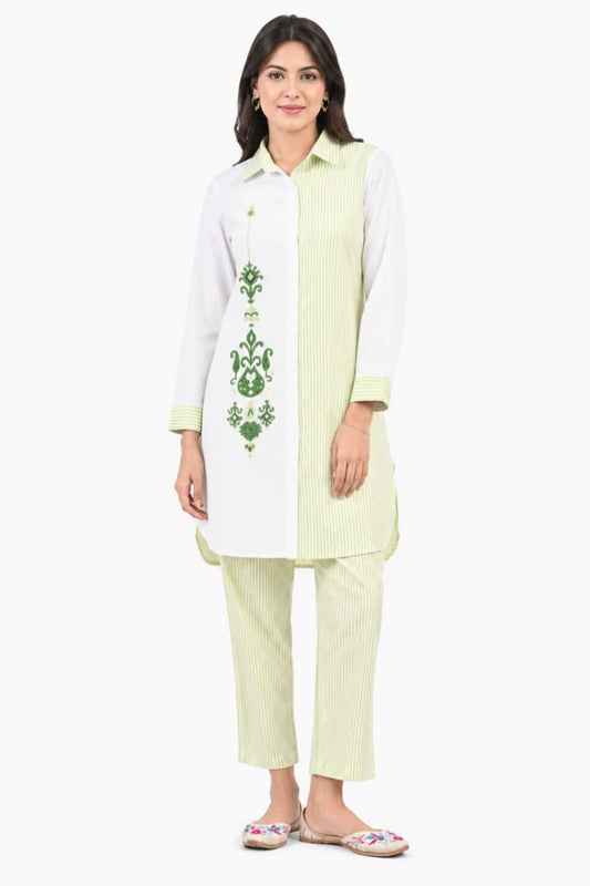 Women's White & Light Green Cotton Co-Ord Set with Embroidery and Striped Pants