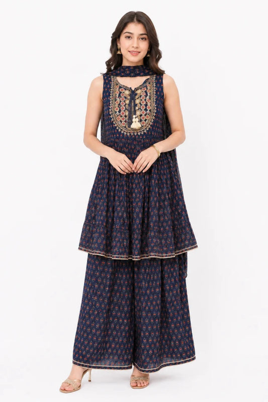 Navy Blue Embroidered Printed Peplum Kurta Sharara Set with Dupatta