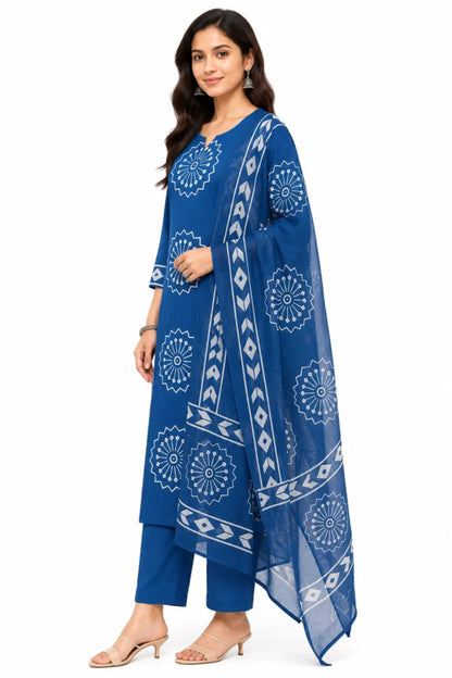 Women's Indigo Blue Printed Cotton Kurta Pant with Dupatta Set