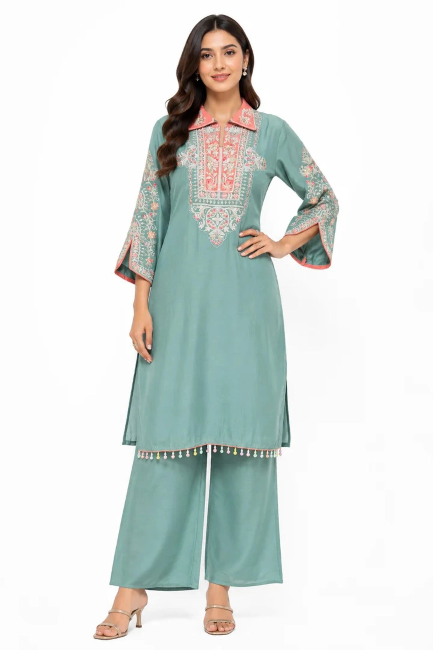 Women's Sea Green Embroidered Kurta Palazzo Set