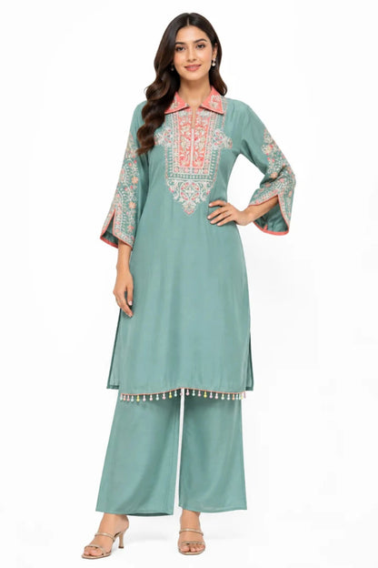 Women's Sea Green Embroidered Kurta Palazzo Set