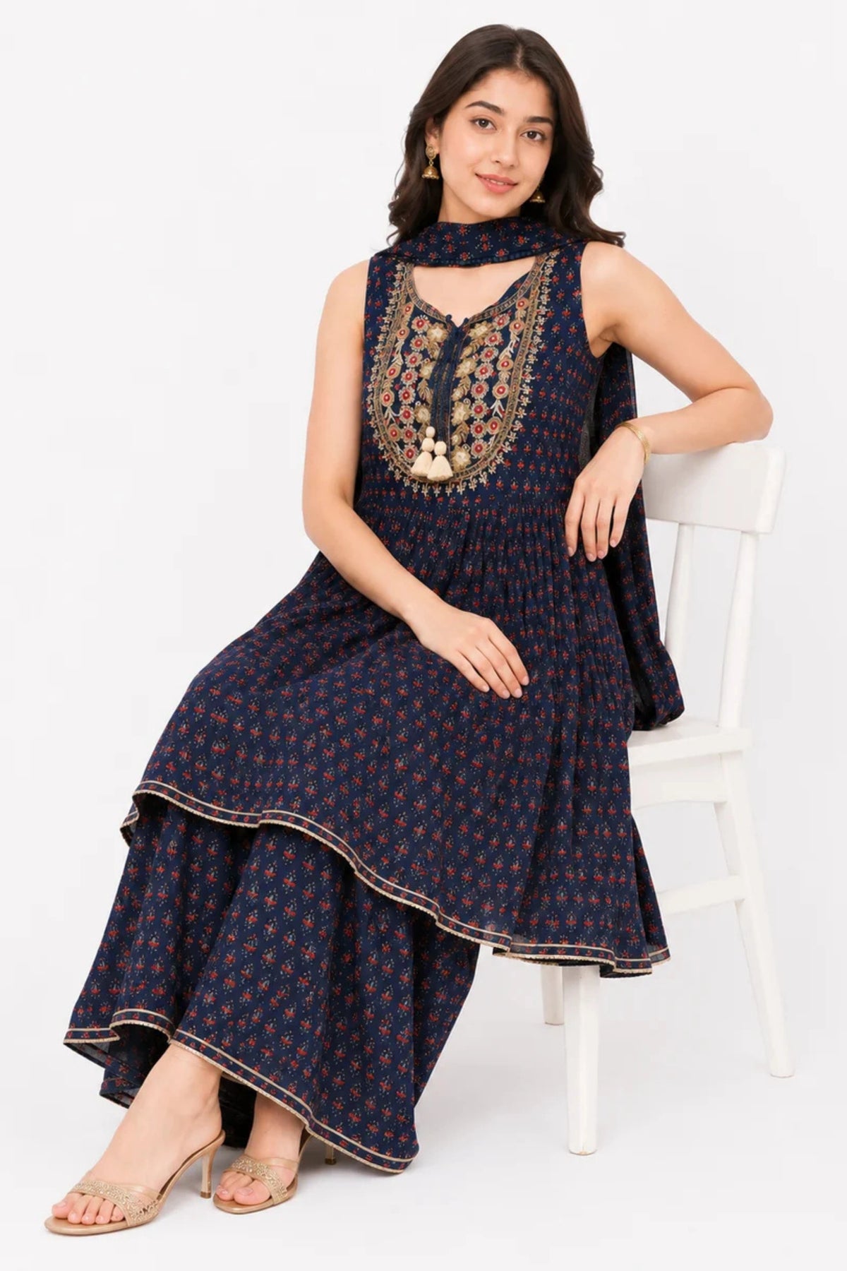Navy Blue Embroidered Printed Peplum Kurta Sharara Set with Dupatta