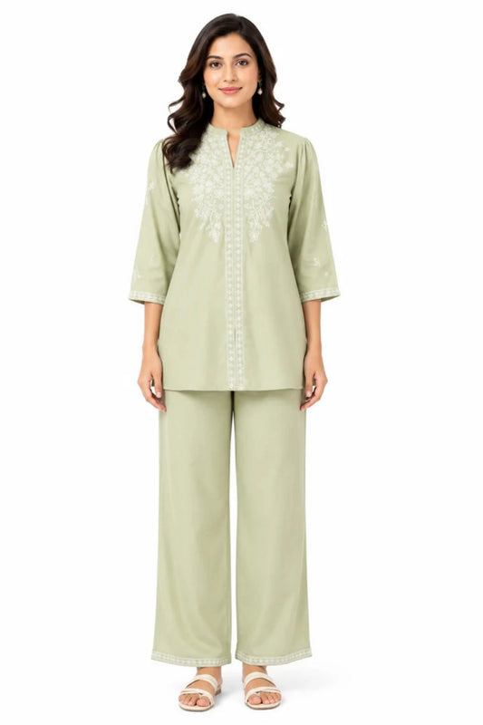 Women's Sage Green Embroidered Viscose Co-Ord Set