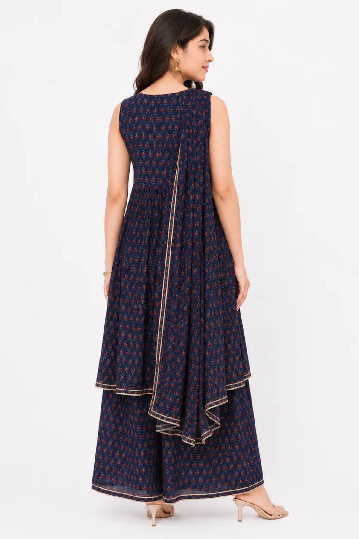 Navy Blue Embroidered Printed Peplum Kurta Sharara Set with Dupatta
