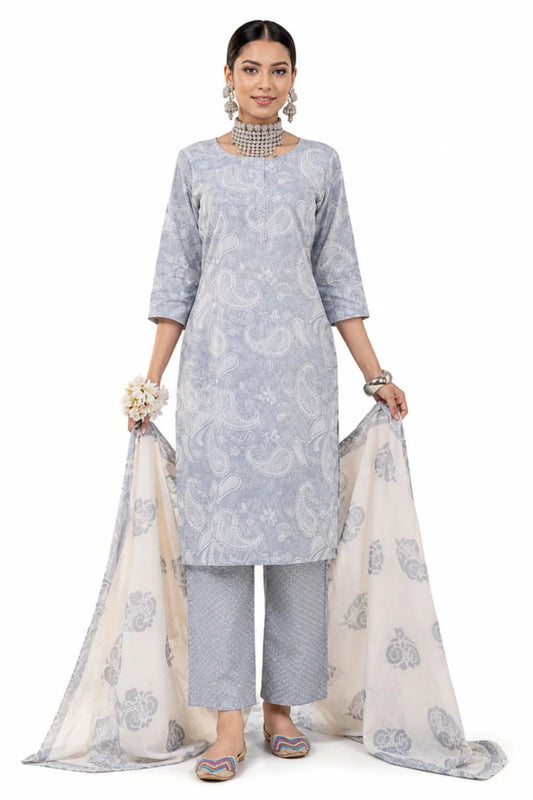 Women's Grey Cotton Printed Kurta Pant Dupatta Set