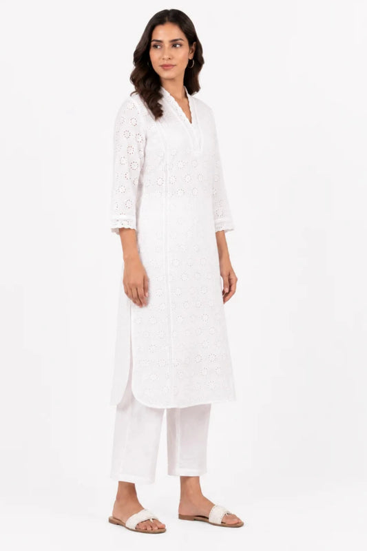 Women's Off White Eyelet Embroidered Cotton Co-Ord Set with Straight Pants