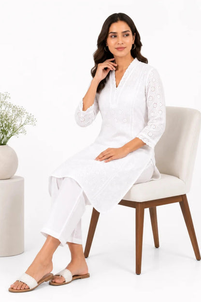 Women's Off White Eyelet Embroidered Cotton Co-Ord Set with Straight Pants