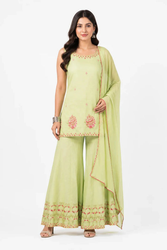 Lime Green Embroidered Cotton Kurta Set with Sharara & Dupatta