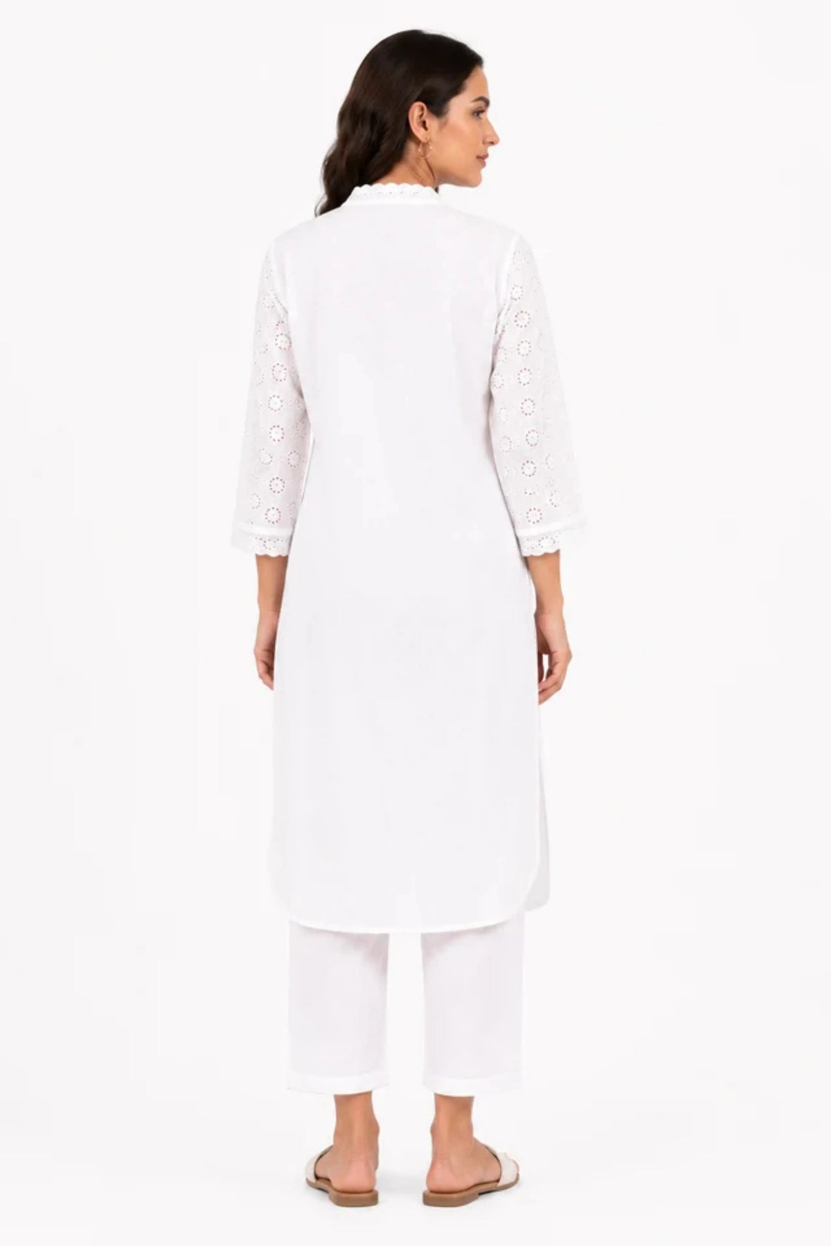 Women's Off White Eyelet Embroidered Cotton Co-Ord Set with Straight Pants