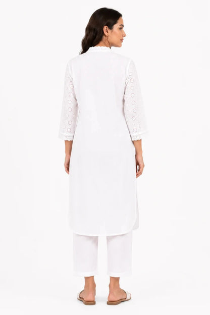 Women's Off White Eyelet Embroidered Cotton Co-Ord Set with Straight Pants