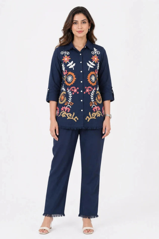 Women's Navy Blue Embroidered Cotton Co-Ord Set with Straight Pants