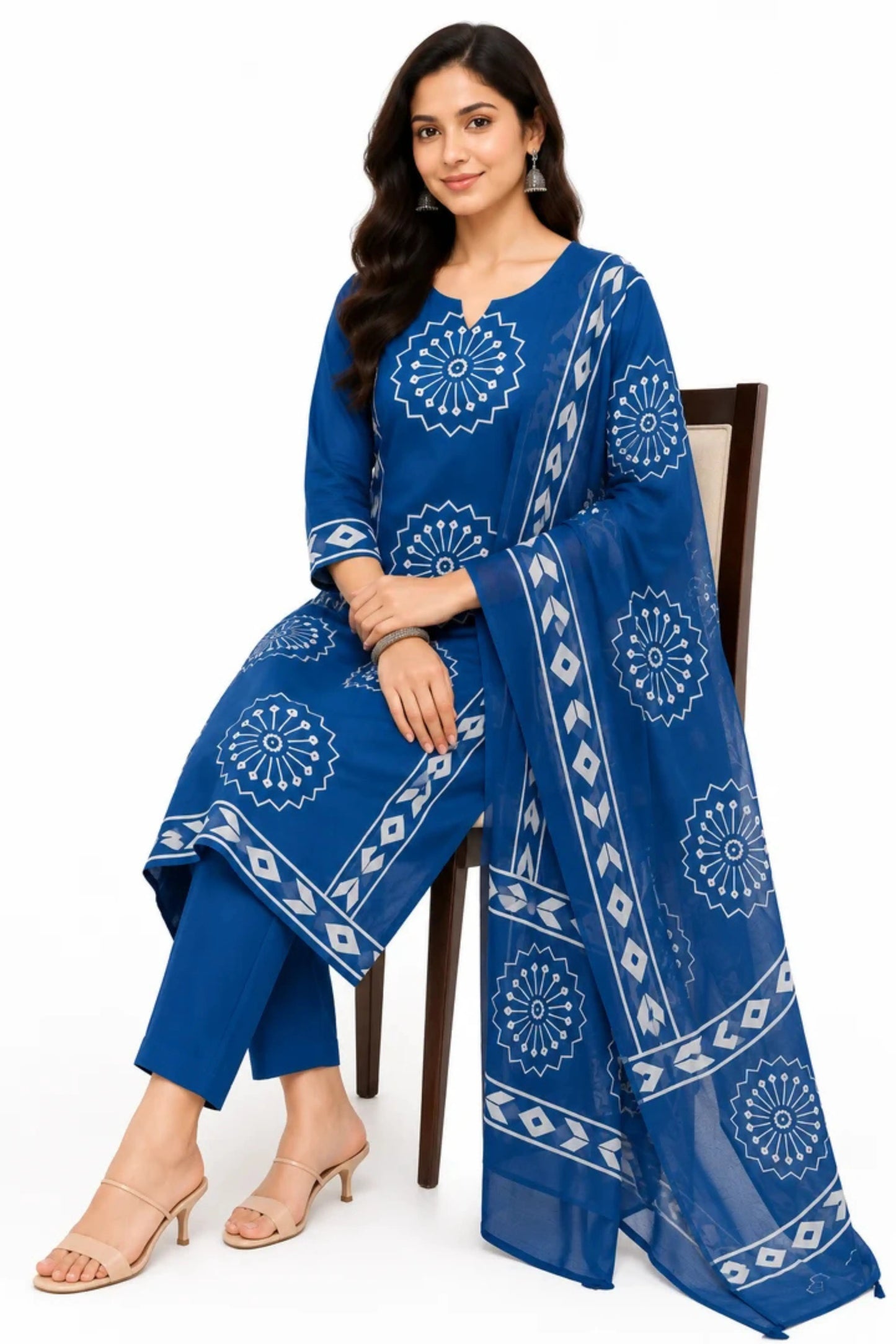 Women's Indigo Blue Printed Cotton Kurta Pant with Dupatta Set