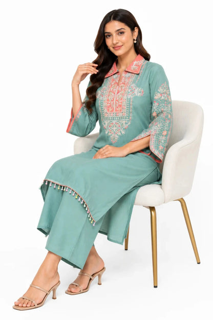 Women's Sea Green Embroidered Kurta Palazzo Set