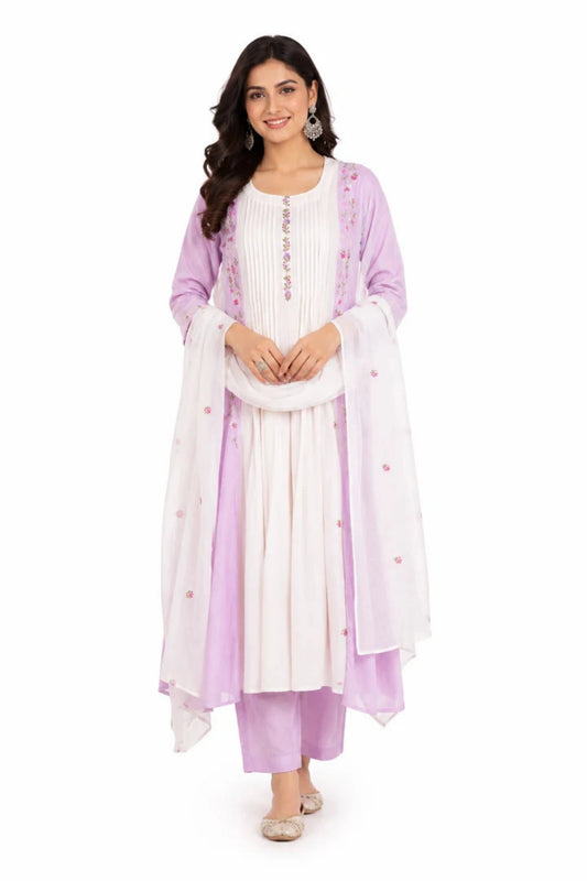 Lavender Embroidered Cotton Kurta Set with Organza Dupatta