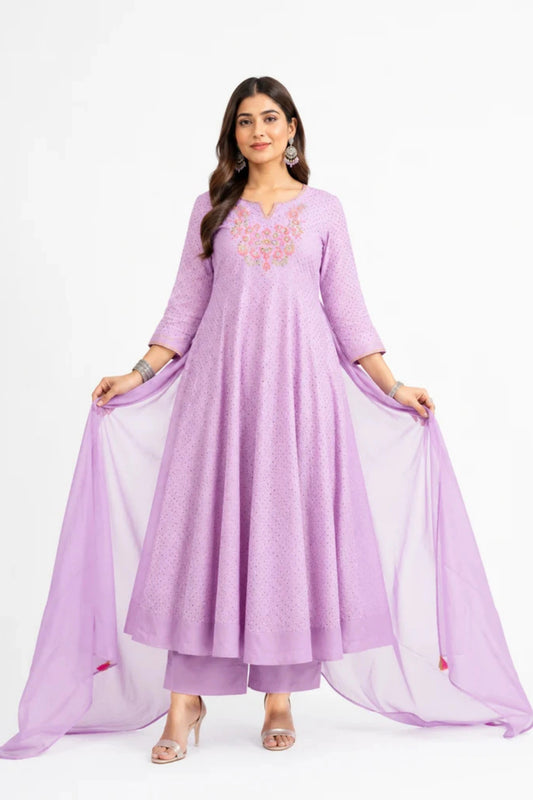 Lavender Embroidered Cotton Anarkali Kurta Set with Dupatta