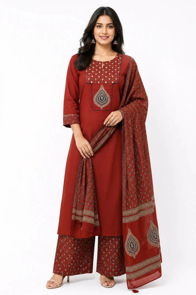 Maroon Printed Kurta Pant Set with Ajrakh Print Dupatta for Women