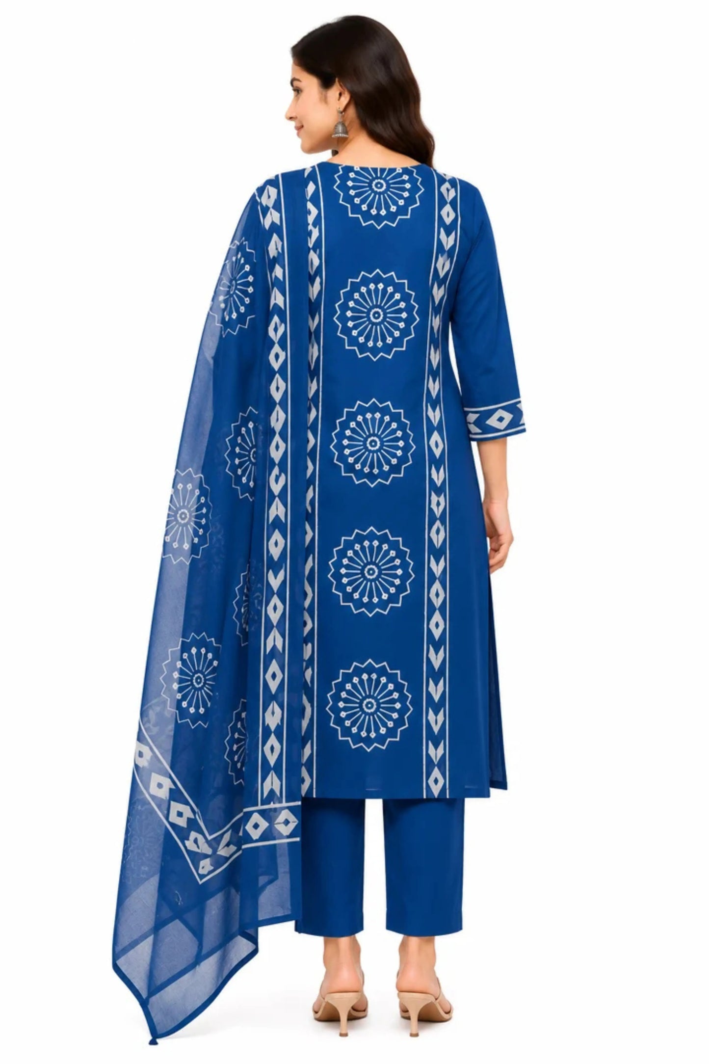 Women's Indigo Blue Printed Cotton Kurta Pant with Dupatta Set