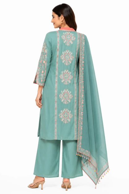 Women's Sea Green Embroidered Kurta Palazzo Set