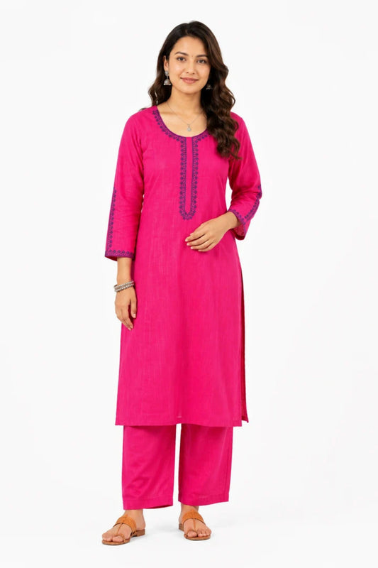 Hot Pink Cotton Straight Kurta Pant Set for Women