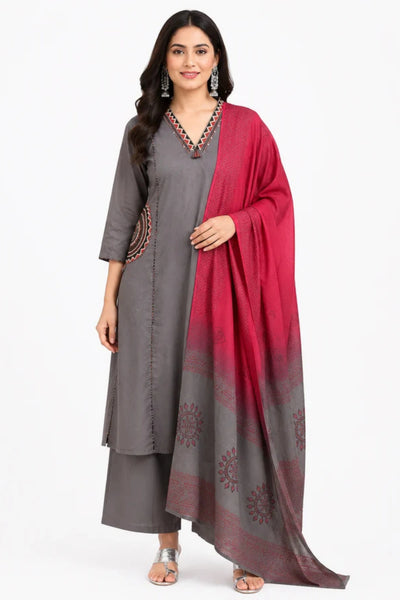 Grey & Wine Cotton Blend Straight Kurta Palazzo Set with Printed Dupatta