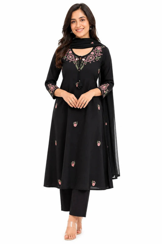 Black Floral Embroidered Cotton Blend Kurta Pant Set with Dupatta